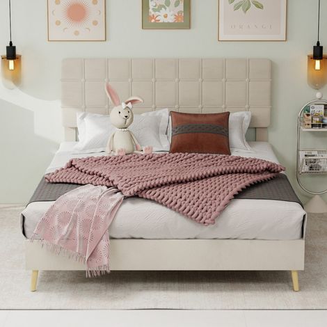 Lit 160x200cm - Lit Double 160x200cm - Lit Adulte avec Tête de Lit Design Quadrillé - Structure en Velours et Bois - Beige (1/5)