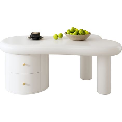 Table basse blanche à forme irrégulière avec 2 tiroirs, plateau MDF, poignées aluminium et angles arrondis, gain de place pour salon moderne et familial – CHICFURN (1/5)
