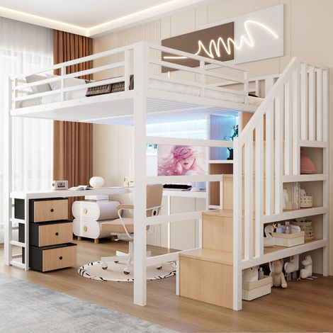 Lit mezzanine 140x200 cm avec rangement, cadre en fer, 4 tiroirs, étagère, grille, bureau, échelle coffre, bande LED intégrée, blanc – BATDTECH (1/5)