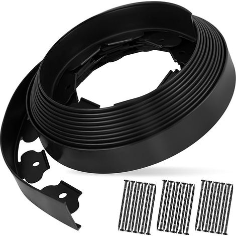 5cm Hauteur x 10m Longueur Bordure Jardin avec 30 Piquets Ancrage, Palissade Pelouse Plastique, Garniture Gazon Exterieur Flexible, Bordurette Parterre Fleurs avec Clous pour Tonte, Pavés (Noir) (1/5)