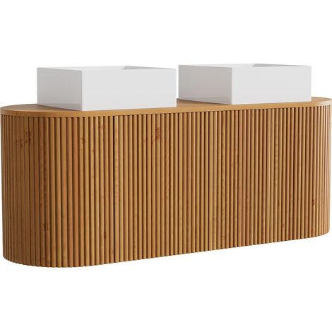 Meuble de salle de bain suspendu en teck avec double vasque à poser carrée - Naturel clair - 150 cm - TOWARI (1/5)