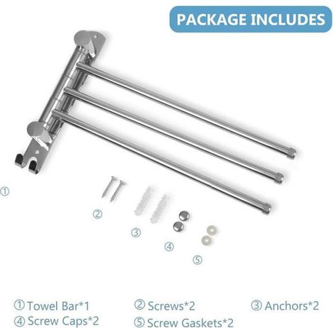 Porte Serviettes - 3 Barres Rotatives 180° - Acier Inoxydable SUS304 - Murale Salle De Bain Cuisine - 34 cm - Argent (1/5)