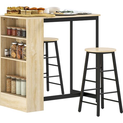 Eichenholz-Bartisch mit 2 Hockern, verstellbarer Ablage und Fußstütze, modernes Design in Schwarz und Holz.