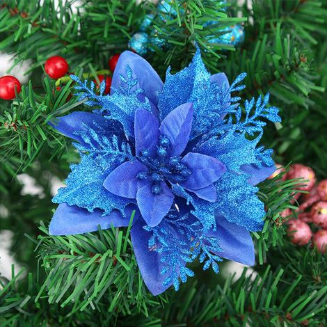 GROOFOO Fleur de Simulation de Noël, 10 pcs Decoration Noel Sapin,Noël Glitter Décoration Sapin Ornement Sapin Noël Déco Noël Glitter Artificielles Fleurs de Noël pour la Fête de Mariage,bleu