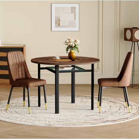 Conjunto mesa redonda de 100 cm en MDF efecto madera, 2 sillas marrón DESVIAE (1/5)