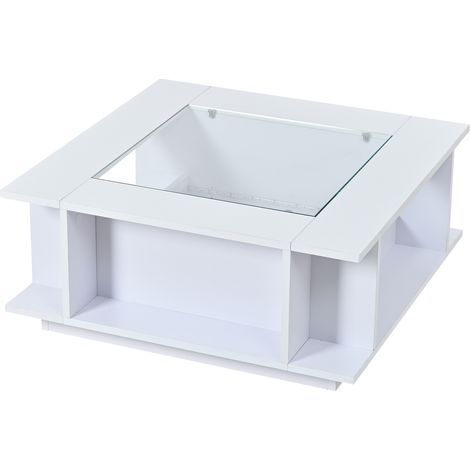 Tavolino da salotto quadrato 70x70x30 cm bianco con vetro, finitura lucida e LED HOMVRA (1/5)