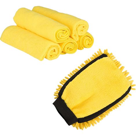 Dunlop Pack Lavage Auto - Gant 2 en 1 Double Face + 5 Chiffons Microfibre 40x40 cm 200 GSM Jaune (1/3)