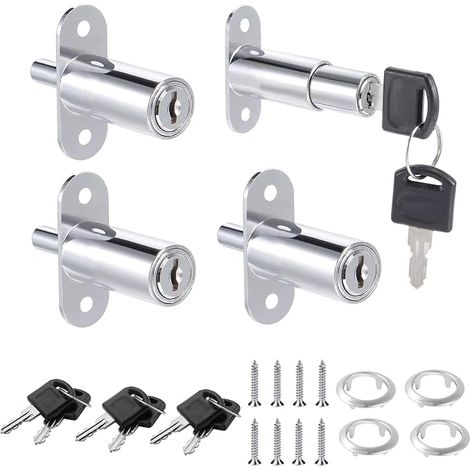 Lot de 4 serrures de tiroir en alliage de zinc - Avec 8 clés - Pour armoire, portes coulissantes, bureau, meuble - Diamètre : 19 mm (argenté) (1/5)