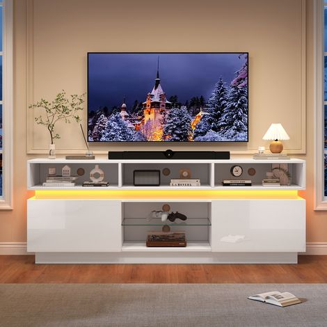 Mobile TV LED bianco 160 x 35 x 60 cm in MDF con vetro temperato, per TV 60 pollici, REDOM (1/5)