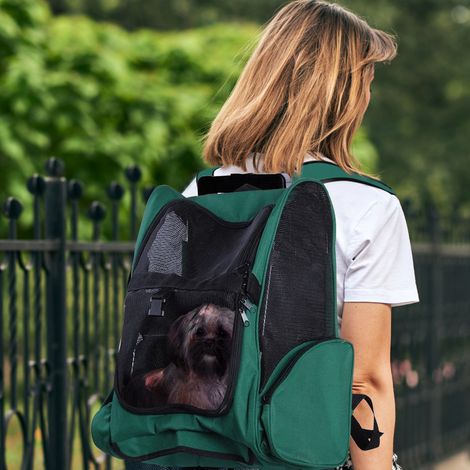 Mochila transportadora 2 en 1 para perros y gatos con bolsillos laterales, asa telescópica y ruedas, 42x25x55cm, verde