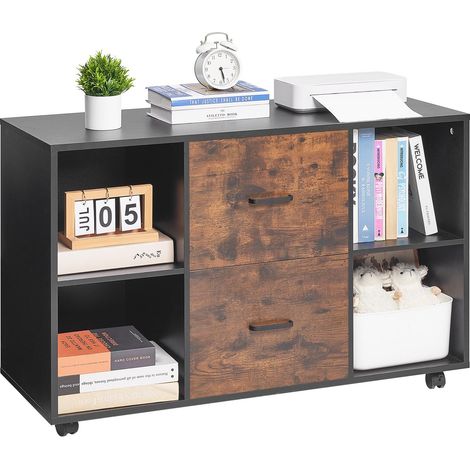 Classeur Dossier Mobile en Bois, Meuble de Rangement de Bureau à 2 Tiroirs avec Étagères Ouvertes et Roulettes Verrouillables, Support d'Imprimante Autonome pour Maison Bureau École, Noir (1/5)