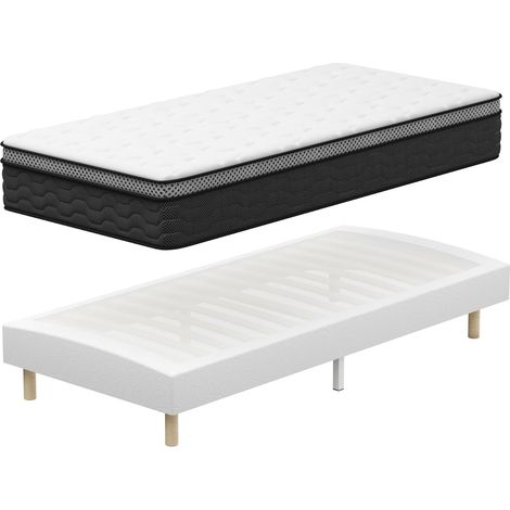 Ensemble Matelas et Sommier 90x190 DEWINNER, Sommier tapissier 90x190 cm et Matelas Ressorts Ensachés 90x190x30 cm, Matelas 1 Personnes, 6 Pieds Inclus (Pack Matela+Sommier tapissier)