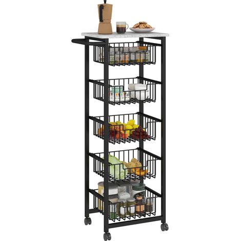 Five Basket Mobile Kitchen Island with Brakes in Grey and Black - Perfect for Space-Saving Storage Solutions