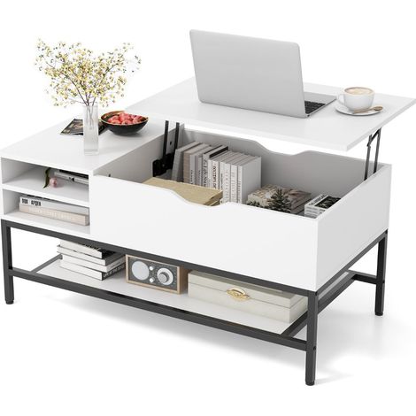 Mesa de centro elevable de 100 x 49,5 x 61 cm con espacio de almacenamiento oculto estilo industrial madera de ingeniería blanca 200013818