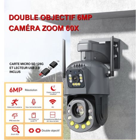 Caméra de Surveillance Sécurité Extérieure PTZ Double Objectif IP HD 6MP 4G Sans Fil Zoom 60X App + Carte Micro SD 128G + Lecteur (1/5)