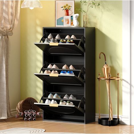 REDOM - Zapatero 60x24x114 cm, ahorro de espacio, con puertas abatibles, MDF y tablero de partículas negro (1/5)