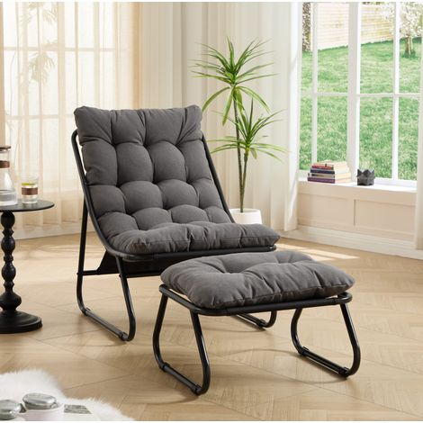 Fauteuil de jardin inclinable avec repose-pied, coussin gris, structure en acier noir DESVIAE (1/5)