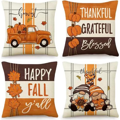 Fundas de cojín decorativas de 45x45 cm (juego de 4) para otoño, estampado de hojas de arce y calabazas, estilo rústico, ideal para el hogar y el sofá. (1/5)