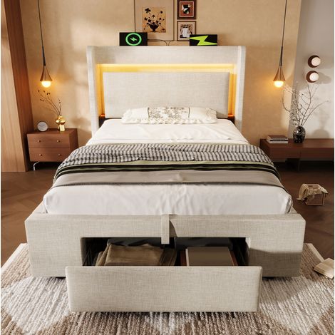 Cama dormitorio con almacenaje hidraulico LED USB beige OKMYHOME (1/5)