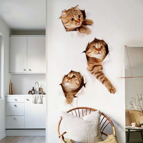 Autocollant mural chat 3D, lot de 3 décalcomanies adhésives pour chat, stickers muraux autocollants amovibles pour voiture, toilettes, salle de bain, chambre, crèche, cuisine, décoration murale (1/5)