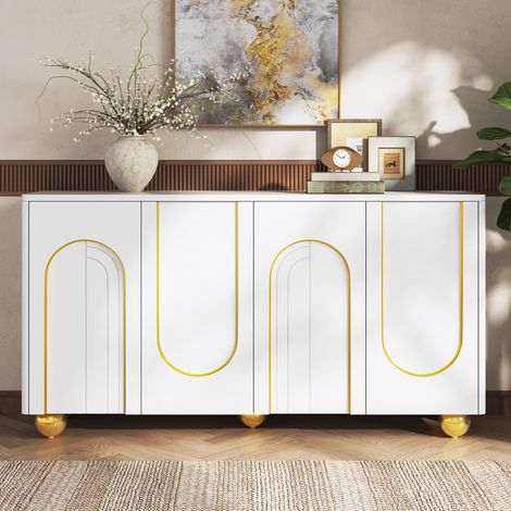 REDOM Aparador 140x40x74 cm, 4 puertas con líneas doradas, bisagras amortiguadas, MDF y tablero de partículas blanco (1/5)