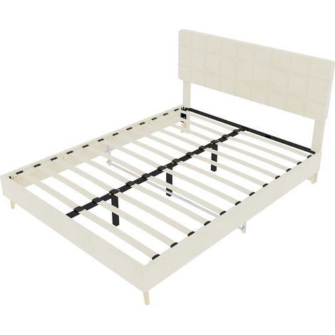 Cama doble 140x200 cm de tela beige con cabecero capitoné a cuadros HOMVRA (1/5)