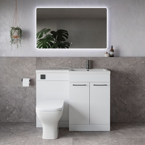 Napoli 390 Gloss White 1100mm 2 Door Vanity Unit Toilet Suite with Square Right Hand Lucia Basin - 1100mm - Gunmetal Grey 160mm HandleWith Kingston Toilet Pan and Seat