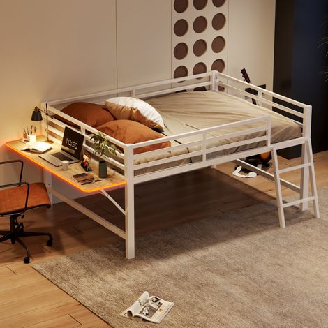 Cama alta de metal 140 x 200 cm con escritorio plegable, escalera, LED, blanca (1/5)