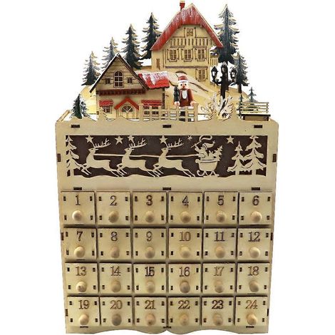 Weihnachtlicher Adventskalender aus Holz mit LED-Beleuchtung, Weihnachtsmann-Dorfhaus, Countdown-Ornament, Schubladen, Geschenkidee