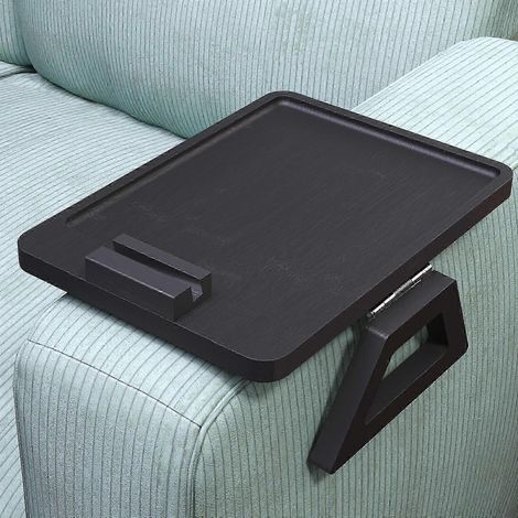 Plateau d'accoudoir de canapé en bambou avec support de téléphone rotatif à 360°, table d'accoudoir pliable à clipser pour poser des boissons et des collations, noir, 13 pouces x 9,4 pouces x 26-27 po (1/5)