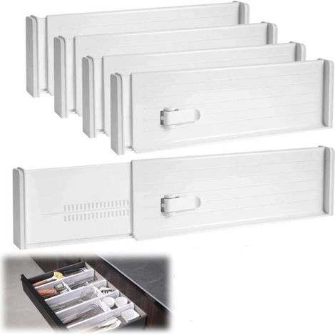 Blanc,Lot de 4séparateurs de tiroirs, réglables, en plastique, de 27à 47cm, organisateurs de tiroirs, séparateurs de tiroirs, réglables pour armoire, cuisine, bureau (1/4)