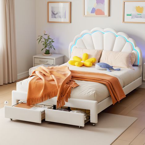 Lit Enfant Double 140x200 avec Tiroir de Rangement, Lit Fille Rembourré avec LED, Tête de Lits Réglable en Hauteur en Forme de Pétale, Pour Fille Ado, Velours (1/5)