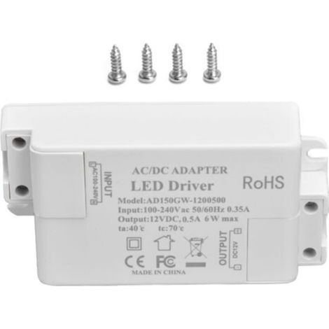 Entrée de pilote LED AC100-240 V 0,35 A Sortie DC12 V 0,5 A 6 W Transformateur LED pour salle de bain