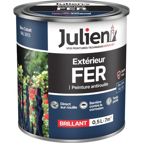 Julien Peinture Fer Anti-Rouille Brillant - Portes, grilles, portails, mobilier de jardin en métal - Bleu Cobalt 0,5 L