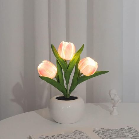 Veilleuse LED tulipe artificielle, lampe de table décorative en forme de fleur artificielle rose, idéale pour les anniversaires, les fêtes, les mariages et la décoration de chambre. (1/4)