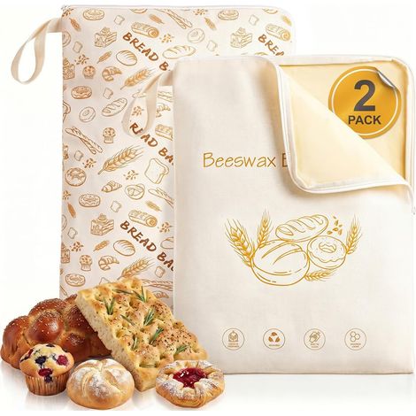 Juego de 2 bolsas de pan de cera de abeja, gran capacidad (33 x 43 cm), cera de abeja natural y algodón, para almacenar alimentos frescos. (1/5)