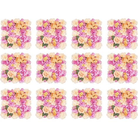 Lot de 12 panneaux muraux de fleurs artificielles, mur de fleurs artificiel, décoration murale florale, fond décoratif pour mariage, fête et événement - 38x38 cm (1/5)