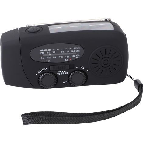 Radio d'urgence solaire portable à manivelle, radio météo NOAA avec AM/FM, voyants LED, alarme SOS et chargeur de téléphone portable pour intérieur et extérieur (noir) (1/5)