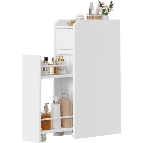 Armoire de Salle de Bain Étroite avec 2 Tiroirs et kit Anti-Basculement, Meuble de Rangement Étroit en Panneaux, pour Salle de Bain, Buanderie, Petits Espaces, 18 x 40 x 70 cm, Blanc (1/5)