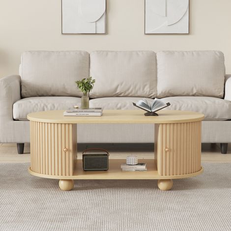 MEUBLIV Table basse ovale 100x50x40 cm bois – avec rangement et portes coulissantes (1/5)