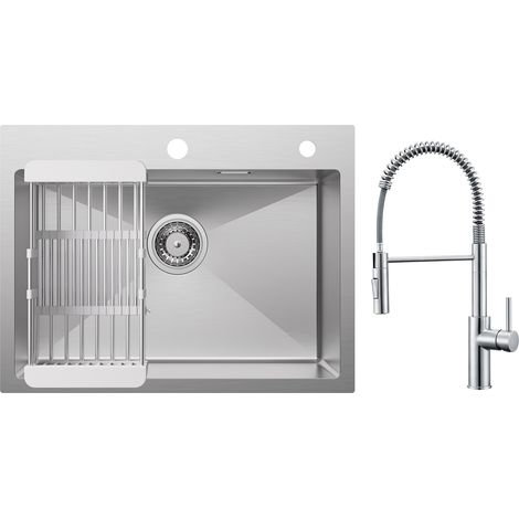 Cecipa Évier 1 Bac 60×45cm avec Panier de Drainage Évier de Cuisine Brossé + Mitigeur de Cuisine à Ressort avec Douchette Extractible, Robinet Evier 2 Modes de Sortie D'eau, Brossé (1/5)
