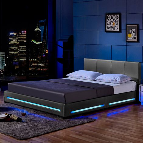 HOME DELUXE - LED Bett Asteroid - Dunkelgrau, 160 x 200 cm - Inkl. Lattenrost I Polsterbett Design Bett inkl. Beleuchtung  LED Polsterbett Bett Bettgestellt