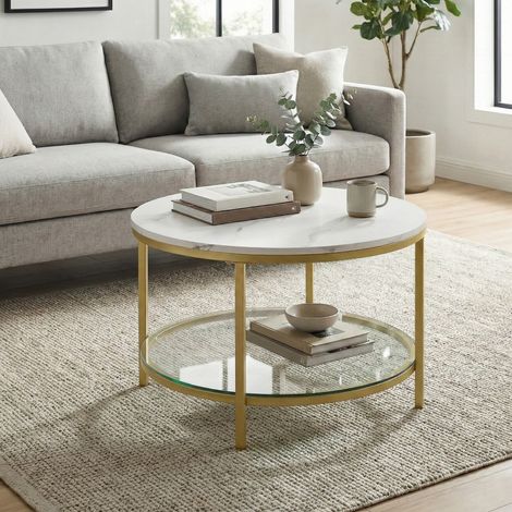 Table Basse, Table de Salon, Table Canapé Apéro, Façon Marbre, Support en Verre Trempé, Facile à Assembler, pour Salon, Style Moderne, Blanc Marbré et Doré (1/5)