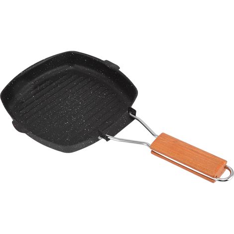 Klappbare Bratpfanne für den Außenbereich, Haushalt, Buchenholzgriff, energiesparend, antihaftbeschichtet, Streifenmuster, Steakpfanne, Spezialgrillpfanne, 20 x 20 cm (1/5)