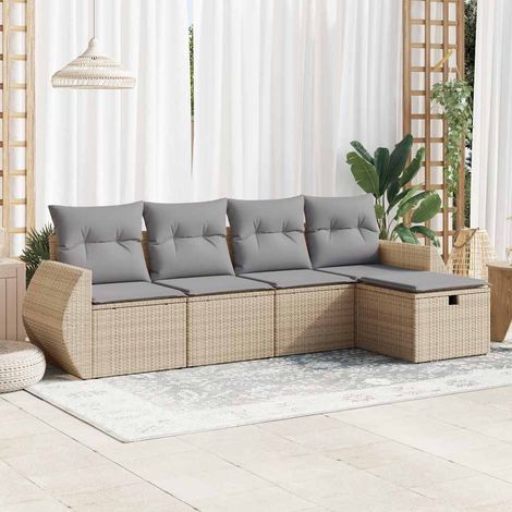 5-tlg. Garten-Sofagarnitur mit Kissen Beige Poly Rattan (1/5)