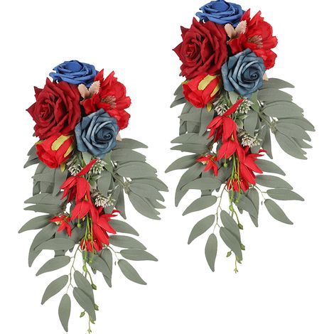 (Rote Rosen und Narzissen für Stuhllehnen) 2-teiliger Blumenschmuck für Stuhllehnen bei Hochzeiten im Freien, Waldstil, künstlicher Rosenstrauß (1/2)