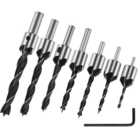 7 pcs Foret Bois Carottage Chanfrein Mèche à tête fraisée avec fraisage et butée de profondeur Jeu de forets à fraiser 90°Mèches à bois hélicoïdales (3-10 mm) (1/4)