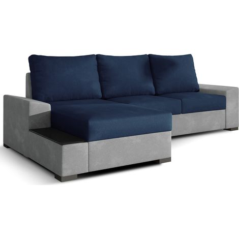Canapé angle gauche convertible tissu doux gris clair et bleu foncé James 245cm (1/5)