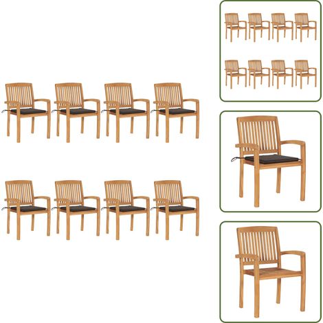 The Living Store Chaises de jardin empilables avec coussins lot de 8 Teck solide - Chaise de salle à manger (1/5)