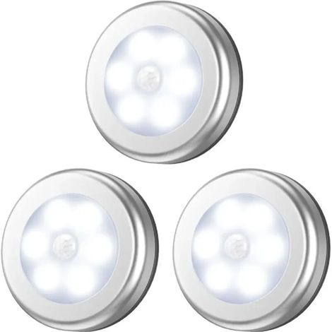 3er-Pack 6-LED-Nachtlicht mit Bewegungssensor, automatischer Ein-/Ausschaltfunktion für Flur/Küche/Schlafzimmer/Treppe/Kleiderschrank (Silber, weißes Licht) - Crezuo